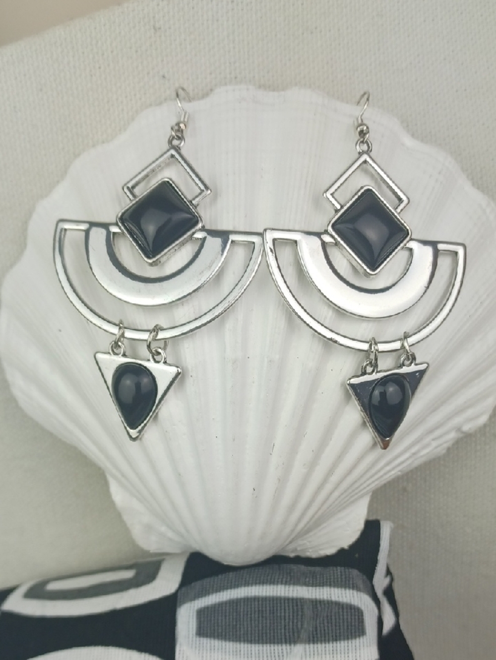 Silver Tone Black Stone Double Drop Highly Crafted Cleopatra Dangling Earrings